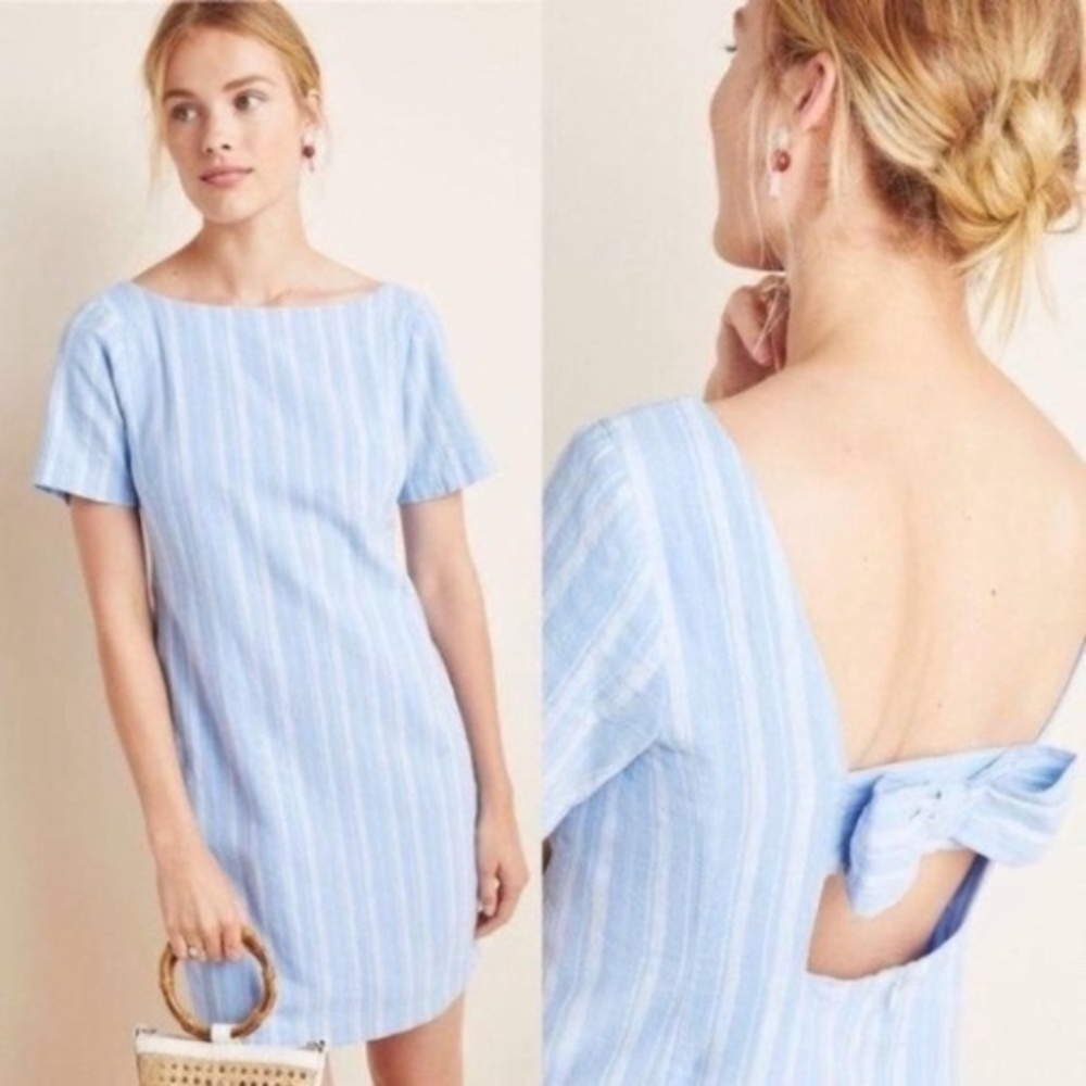 By Anthropologie Cape May Blue Striped Linen Blend Bow Back Mini Dress 12 44